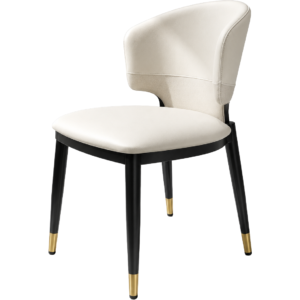 Silla de comedor contemporánea tapizada en blanco con patas rematadas en oro.