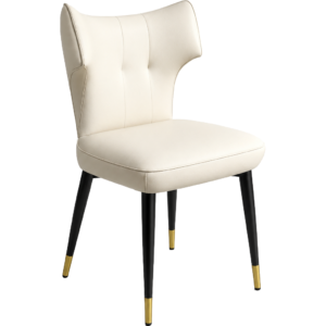 Silla de comedor contemporánea tapizada en color beige con capitoné, respaldo alto y patas con detalles dorados.