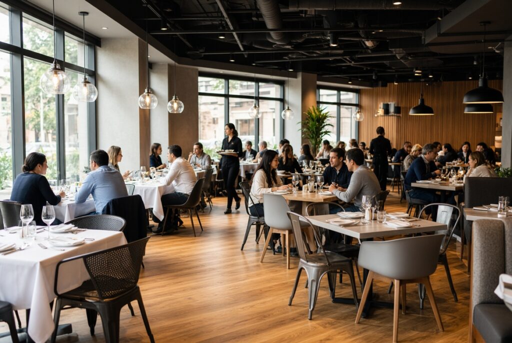 Durable commercial restaurant chairs in a high-traffic dining room