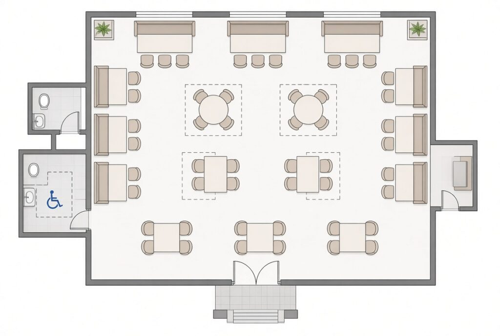 ADA accessible restaurant table layout and wheelchair seating plan