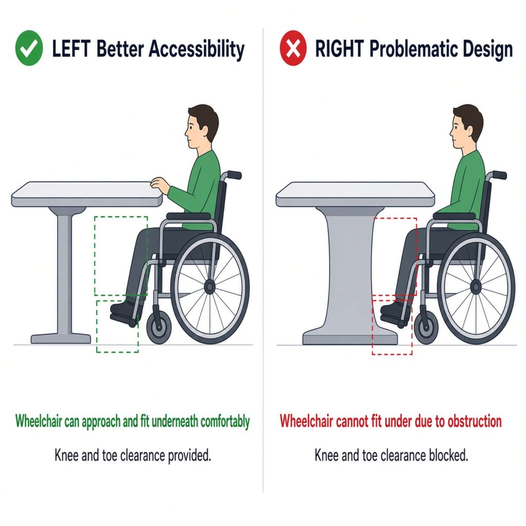 ADA accessible restaurant table base and wheelchair clearance comparison