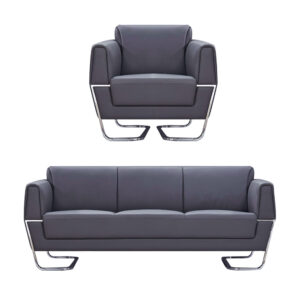 Charcoal Grey Leather Executive Sofa Set Chrome Sled Base