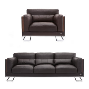 Dark Espresso Leather Executive Sofa Set Wood Accent Chrome Base