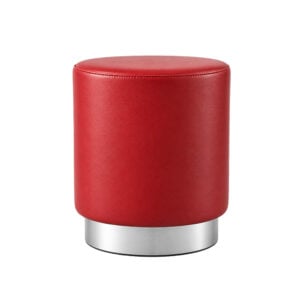 Crimson Red Leather Cylinder Ottoman Stool Brushed Metal Base