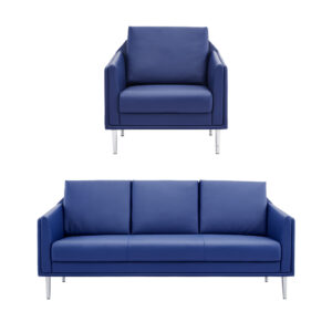 Royal Blue Leather Executive Sofa Set Polished Chrome Legs
