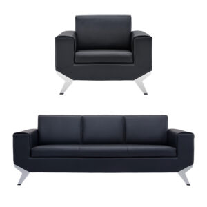 Black Leather Executive Sofa Set Polished Chrome Metal Legs