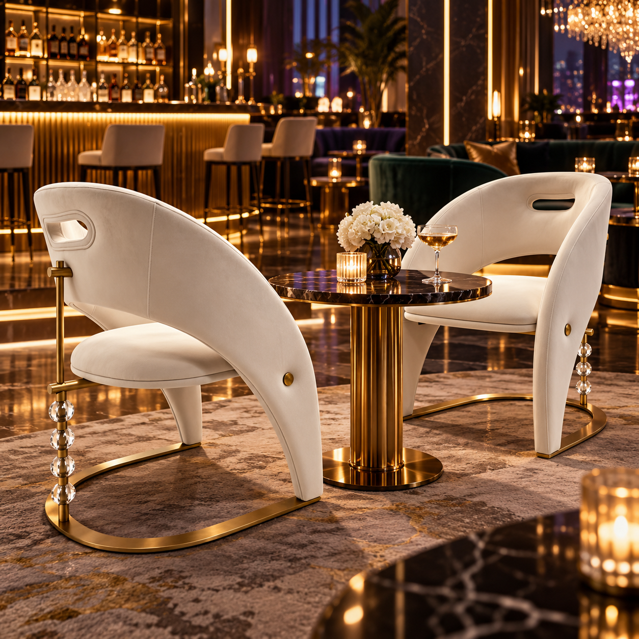 Contemporary Ivory Sculptural Accent Chair Gold Crystal Base