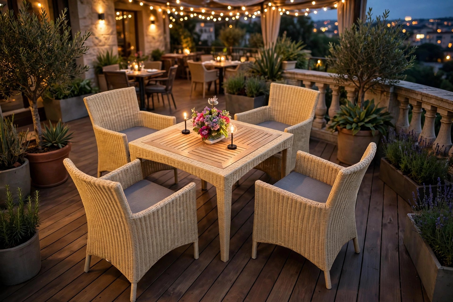 Outdoor Dining Table Set FOH-OT-8004AC on a restaurant terrace