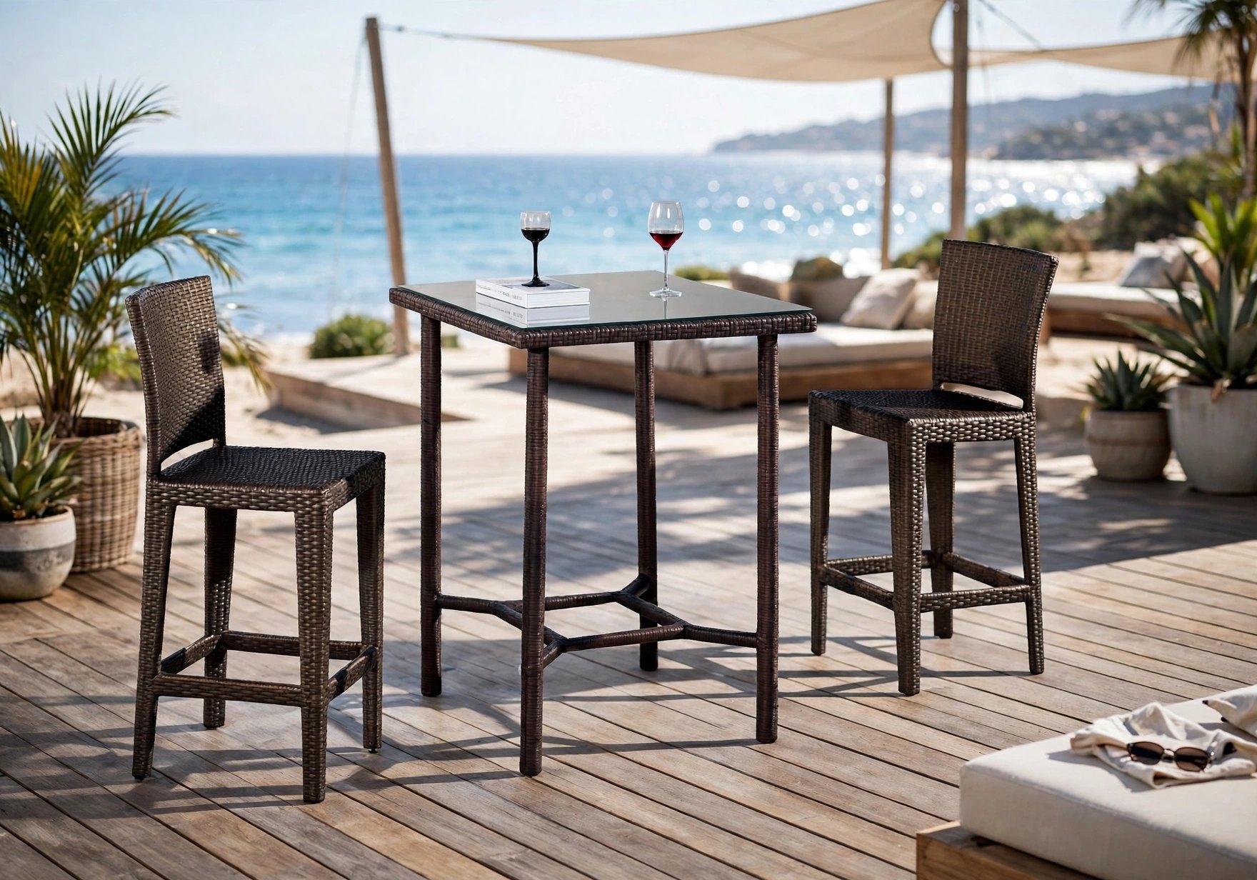 Outdoor Bar Dining Sets FOH-OT-CF1006T on a beach club deck
