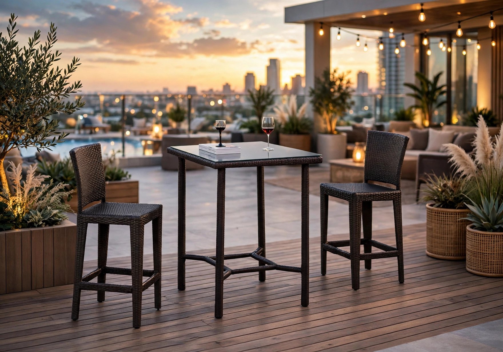 Outdoor Bar Dining Sets FOH-OT-CF1006T on a rooftop bar terrace