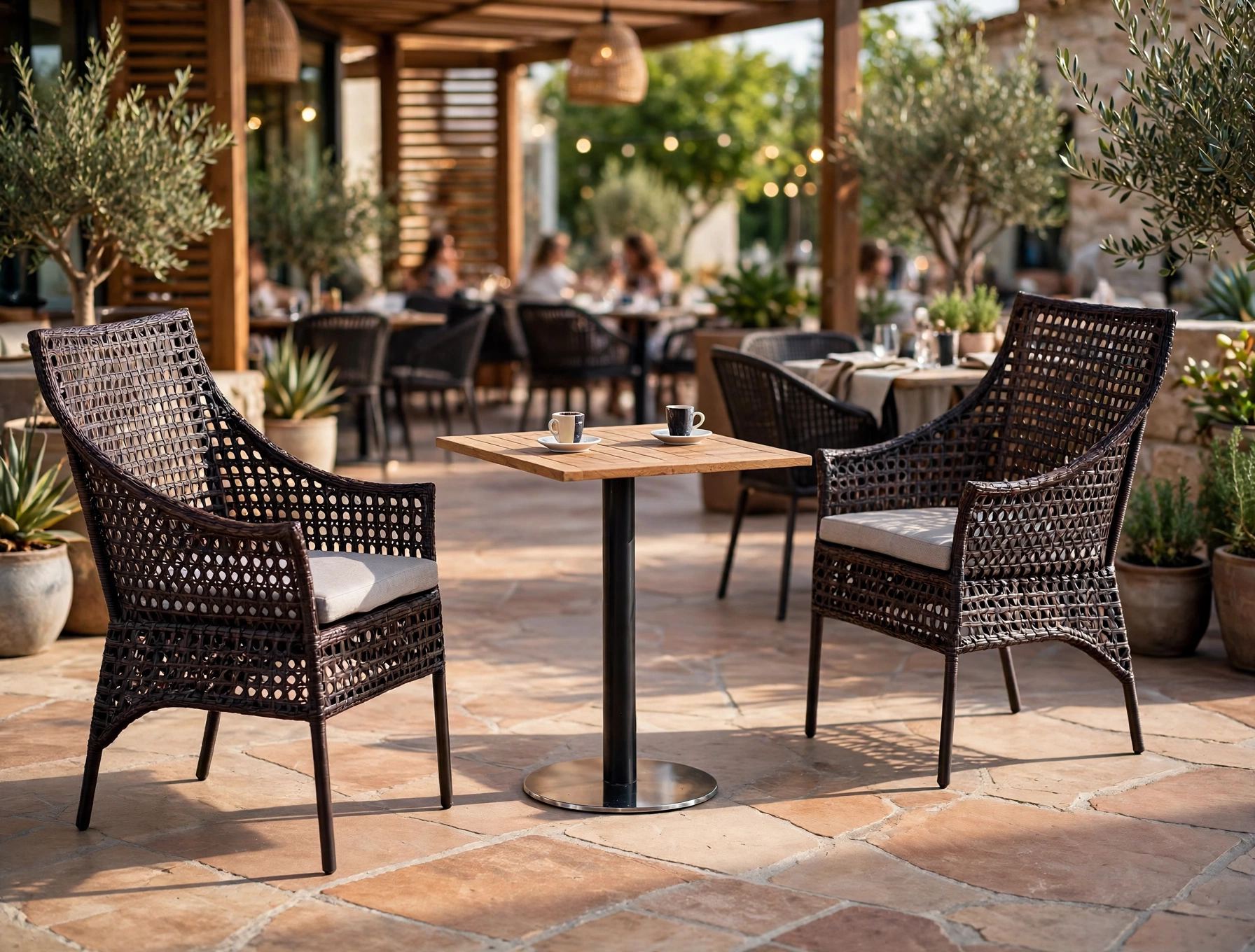 Outdoor Coffee Tables FOH-OT-CF2063T on a restaurant patio