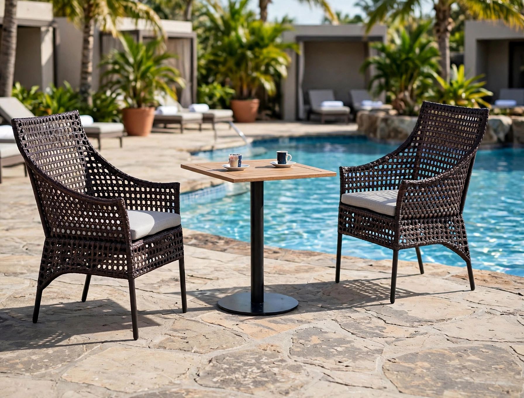Outdoor Coffee Tables FOH-OT-CF2063T beside a resort pool