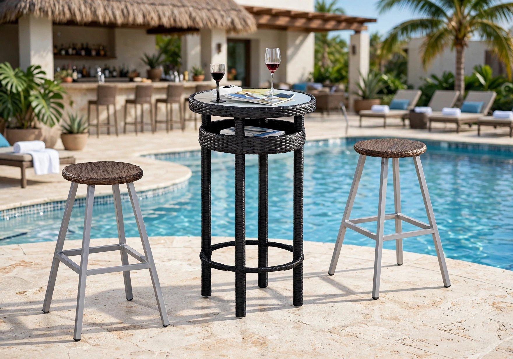 Outdoor Bar Dining Sets FOH-OT-CF710C beside a resort pool bar