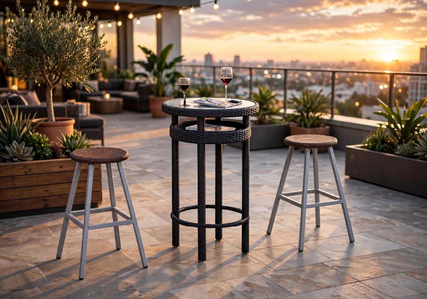 Outdoor Bar Dining Sets FOH-OT-CF710C on a rooftop bar terrace