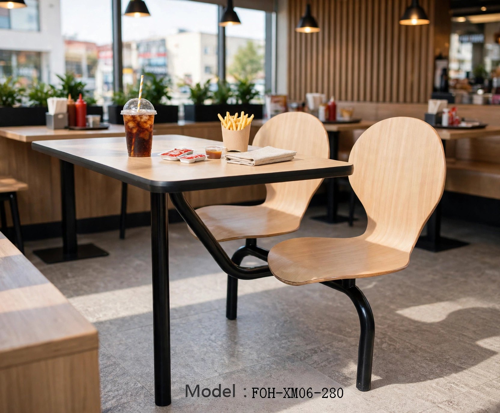 Connecting Table and Chair FOH-XM06-280 in a fast food restaurant