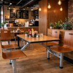 Connecting Table and Chair FOH-XM07-429 in a fast casual restaurant