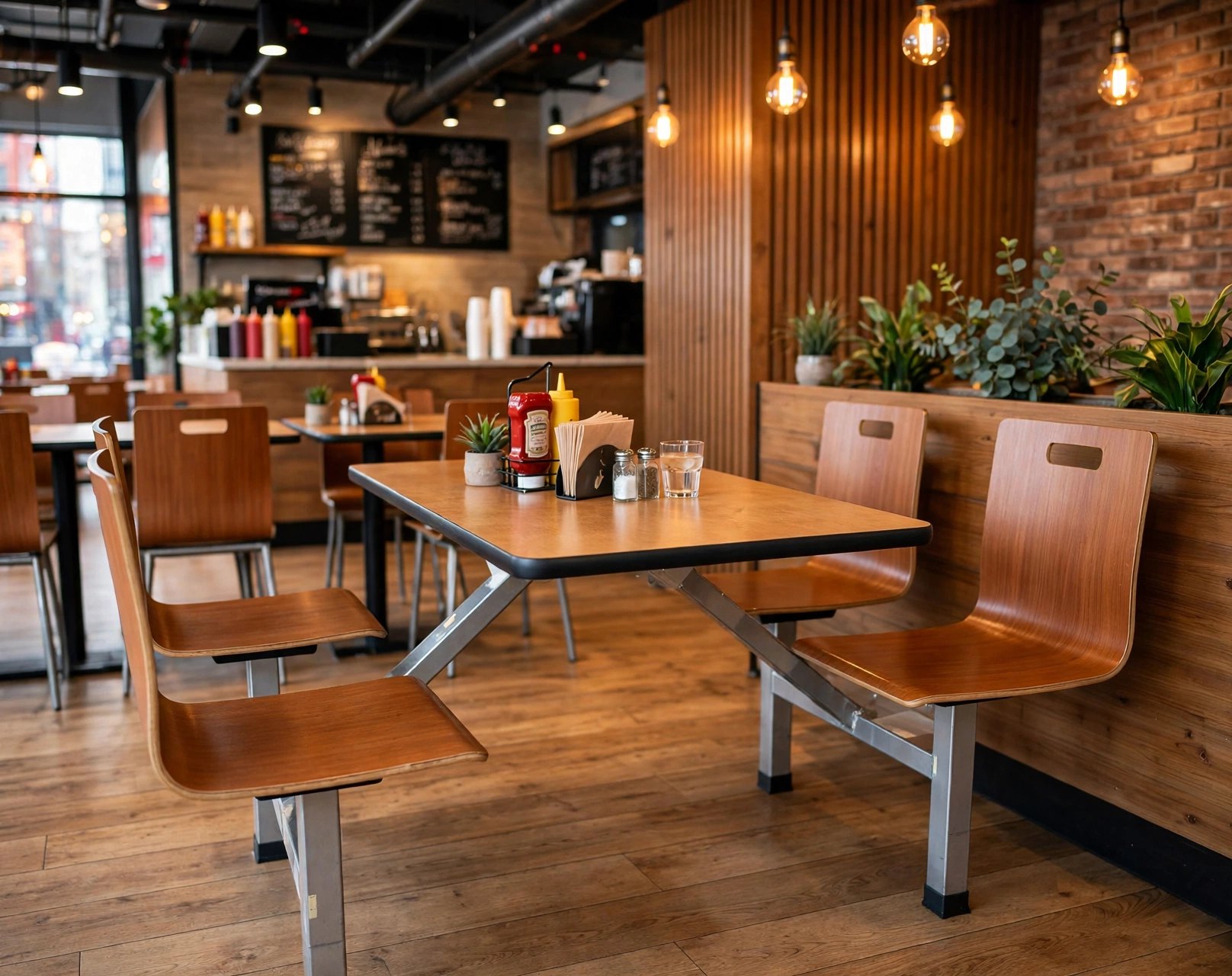 Connecting Table and Chair FOH-XM07-429 in a fast casual restaurant
