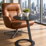 Modern Round Black Marble C-Shaped Side Table Cantilever Base