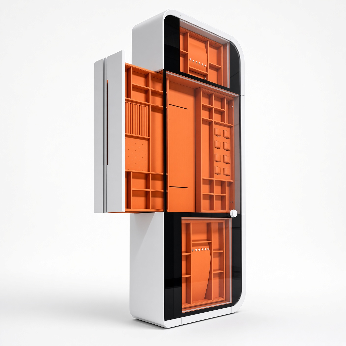 Luxury White Glass Front Jewelry Cabinet with Orange Interior