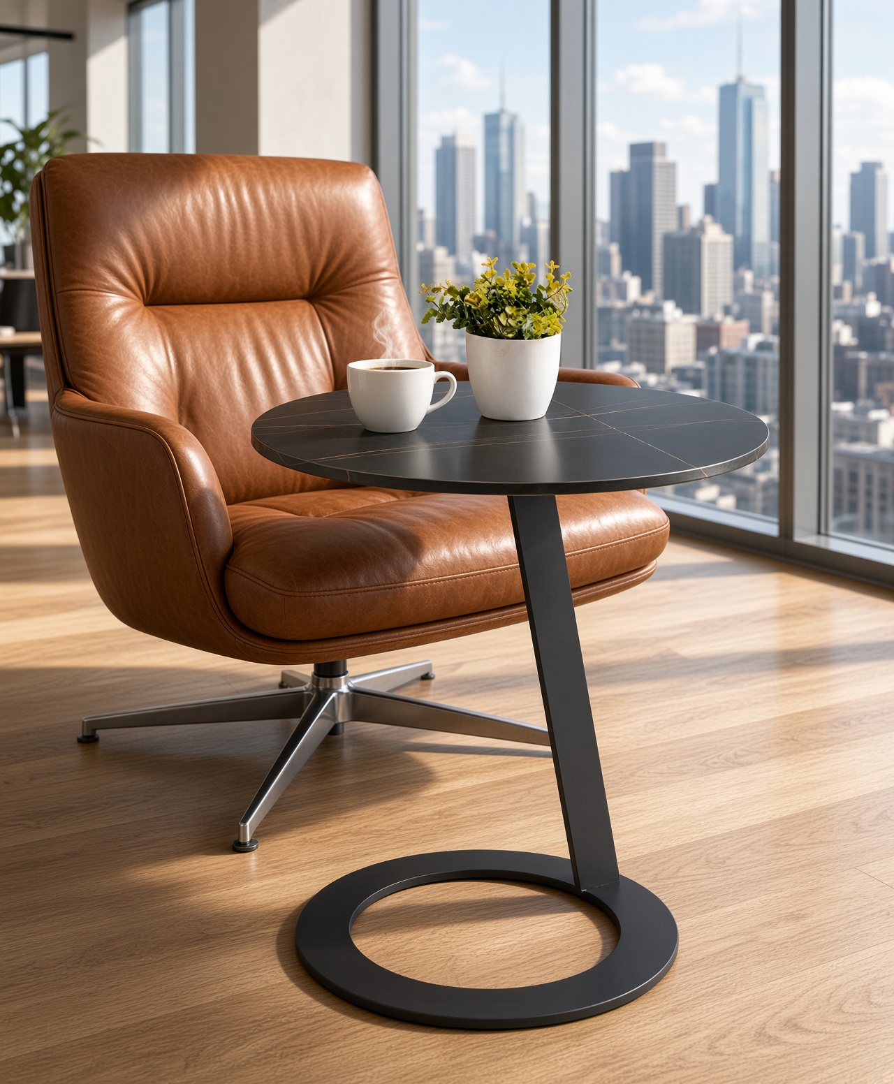 Modern Round Black Marble C-Shaped Side Table Cantilever Base