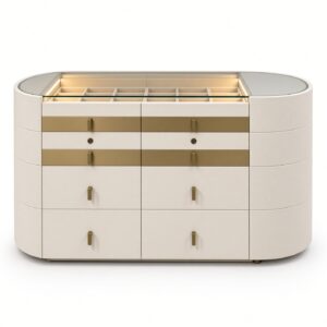 Luxury Ivory Leather Glass-Top Jewelry Island Gold Accents