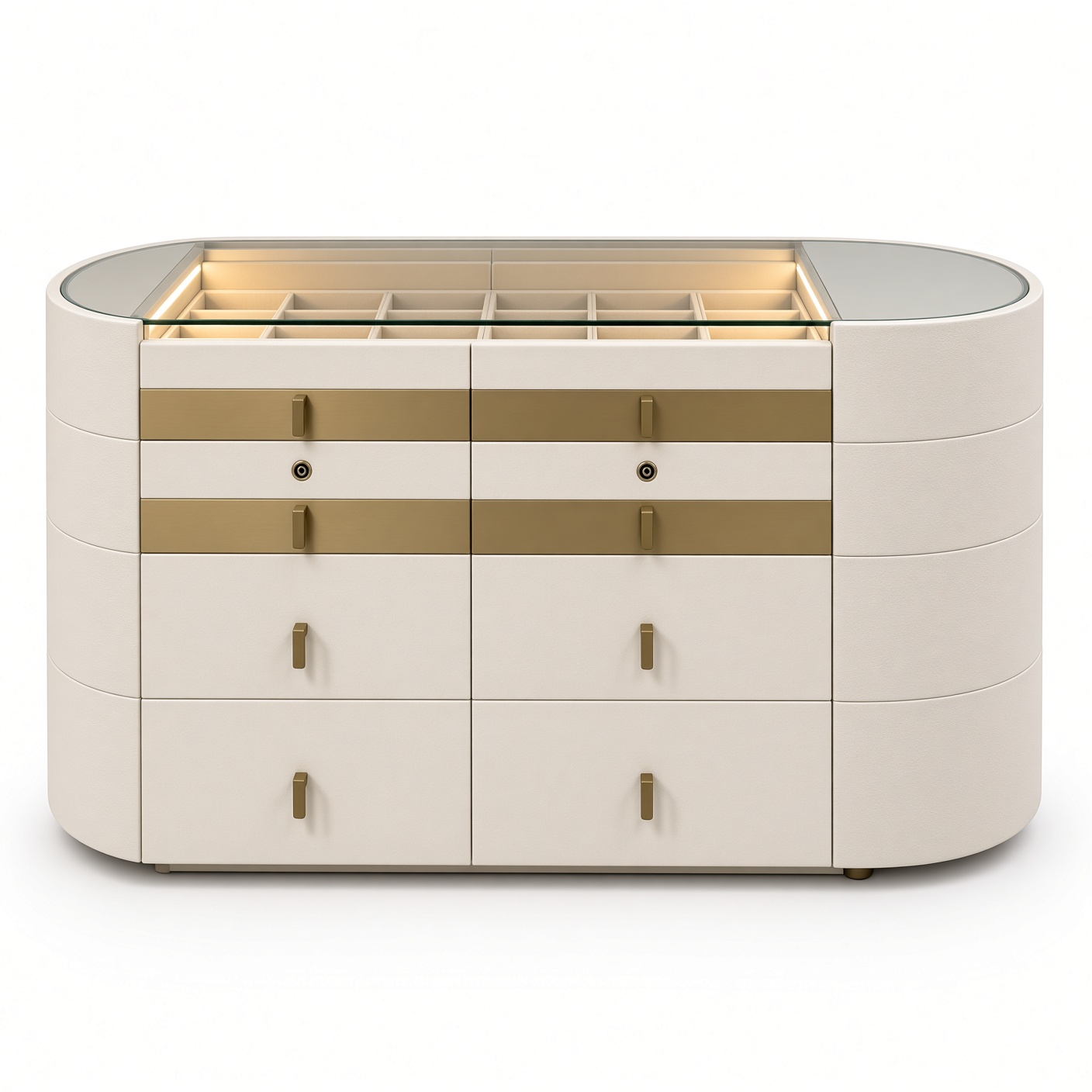 Luxury Ivory Leather Glass-Top Jewelry Island Gold Accents