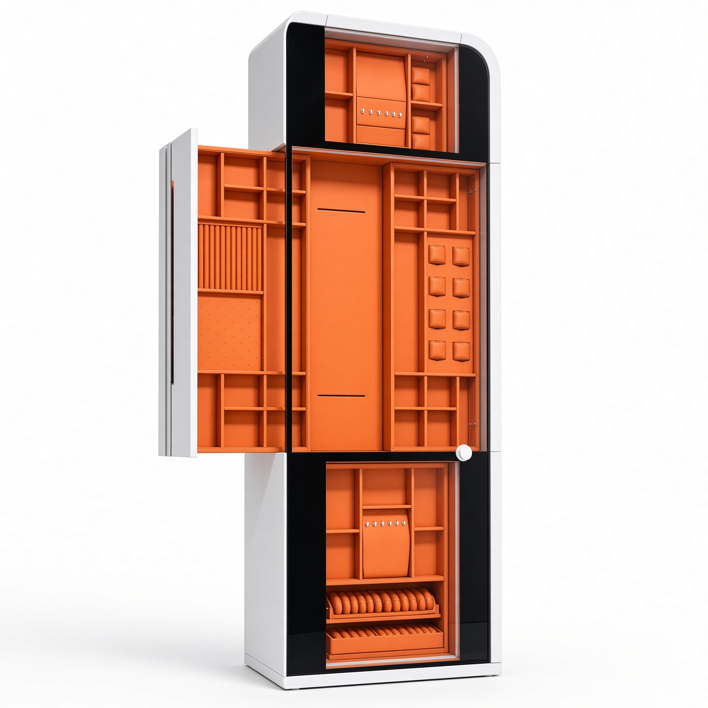 Luxury White Glass Front Jewelry Cabinet with Orange Interior