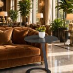 Modern Round Black Marble C-Shaped Side Table Cantilever Base