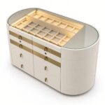 Luxury Ivory Leather Glass-Top Jewelry Island Gold Accents