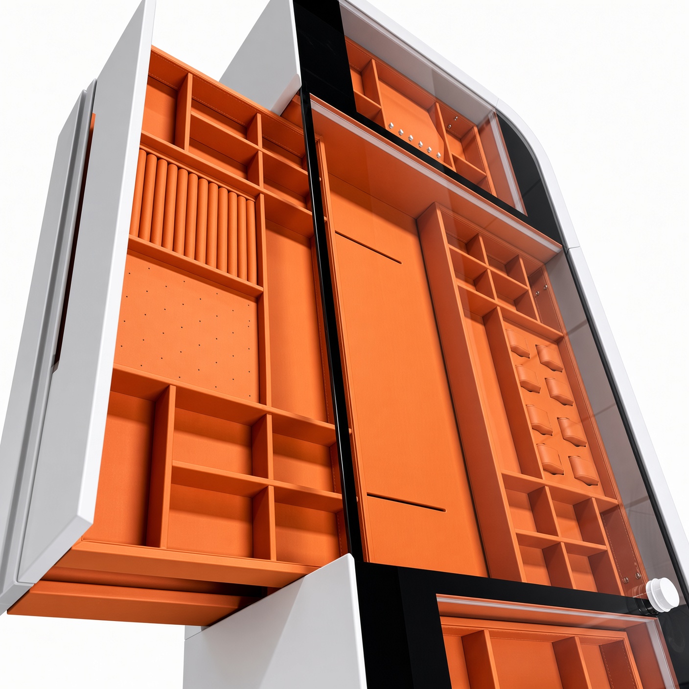 Luxury White Glass Front Jewelry Cabinet with Orange Interior