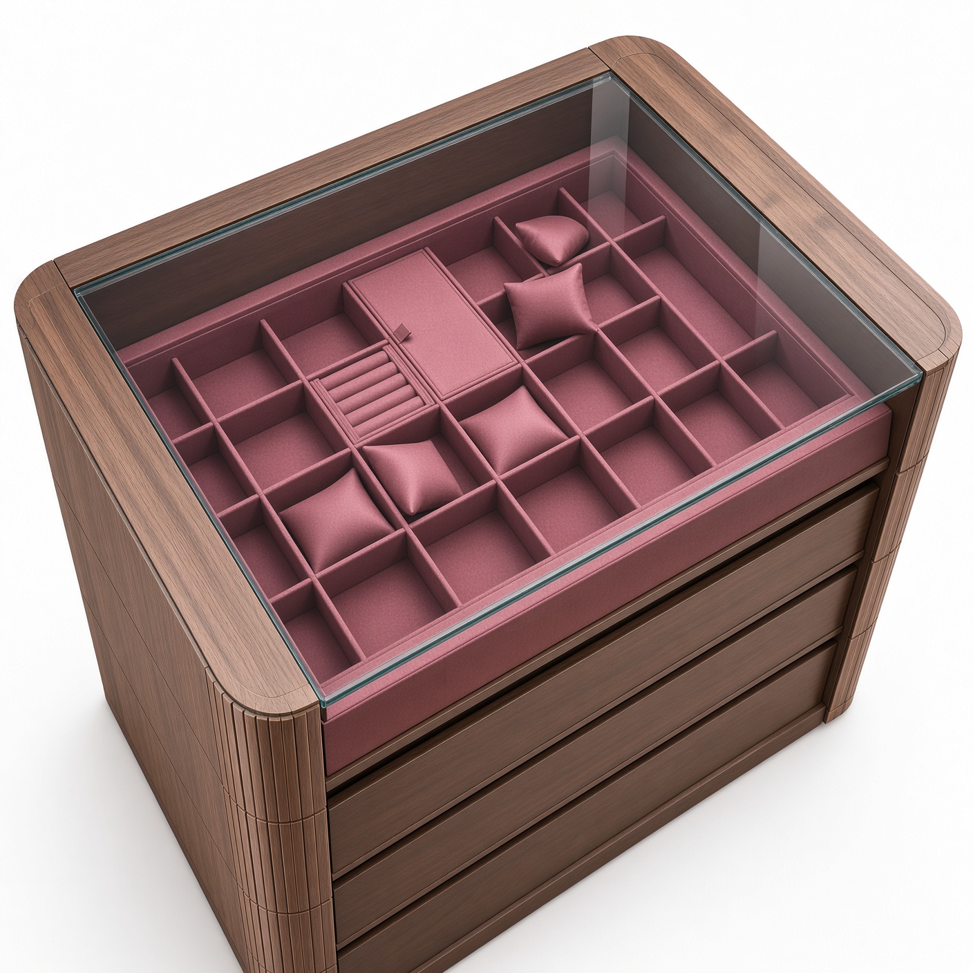 Executive Walnut Glass-Top Watch and Jewelry Display Cabinet