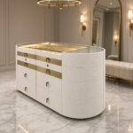 Luxury Ivory Leather Glass-Top Jewelry Island Gold Accents