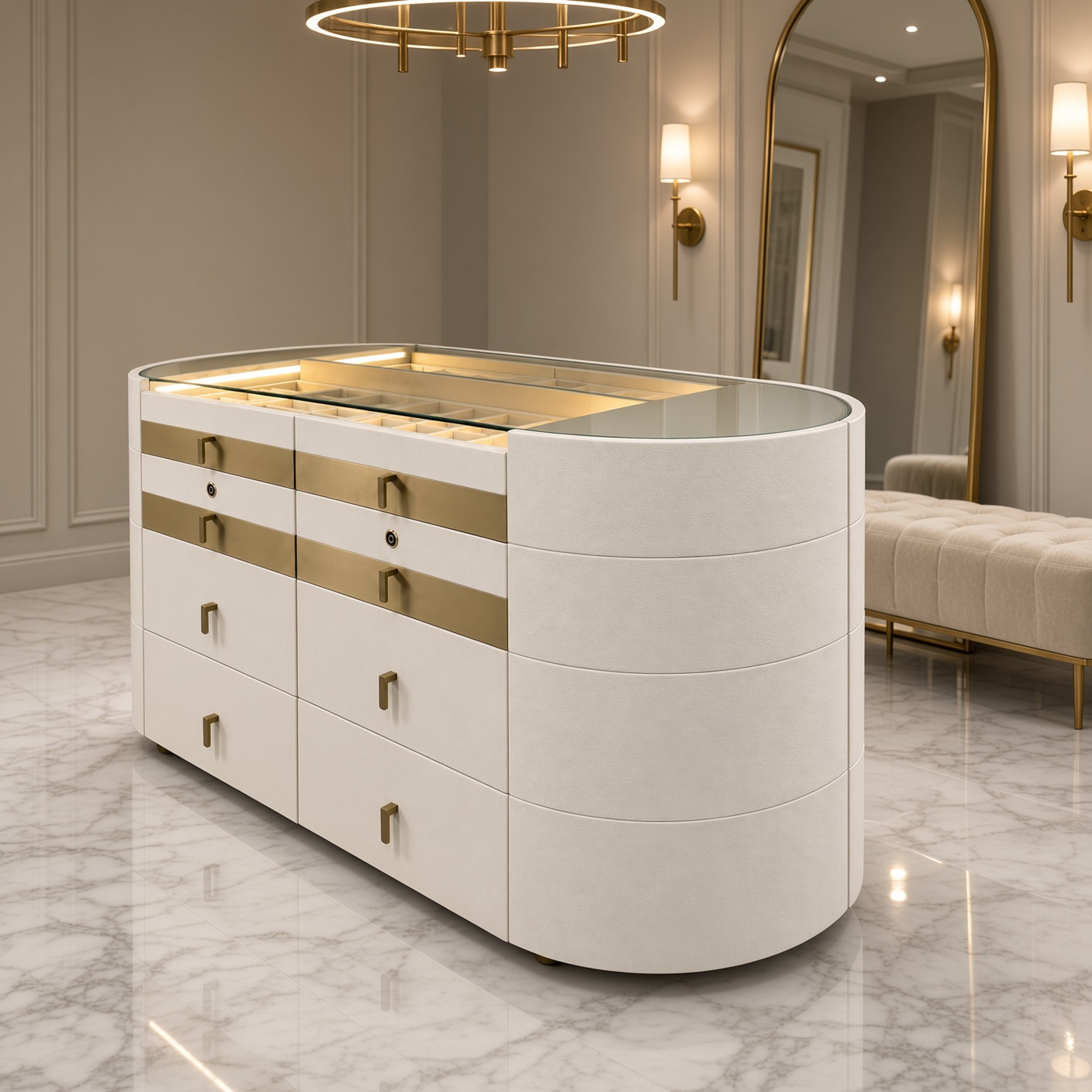 Luxury Ivory Leather Glass-Top Jewelry Island Gold Accents