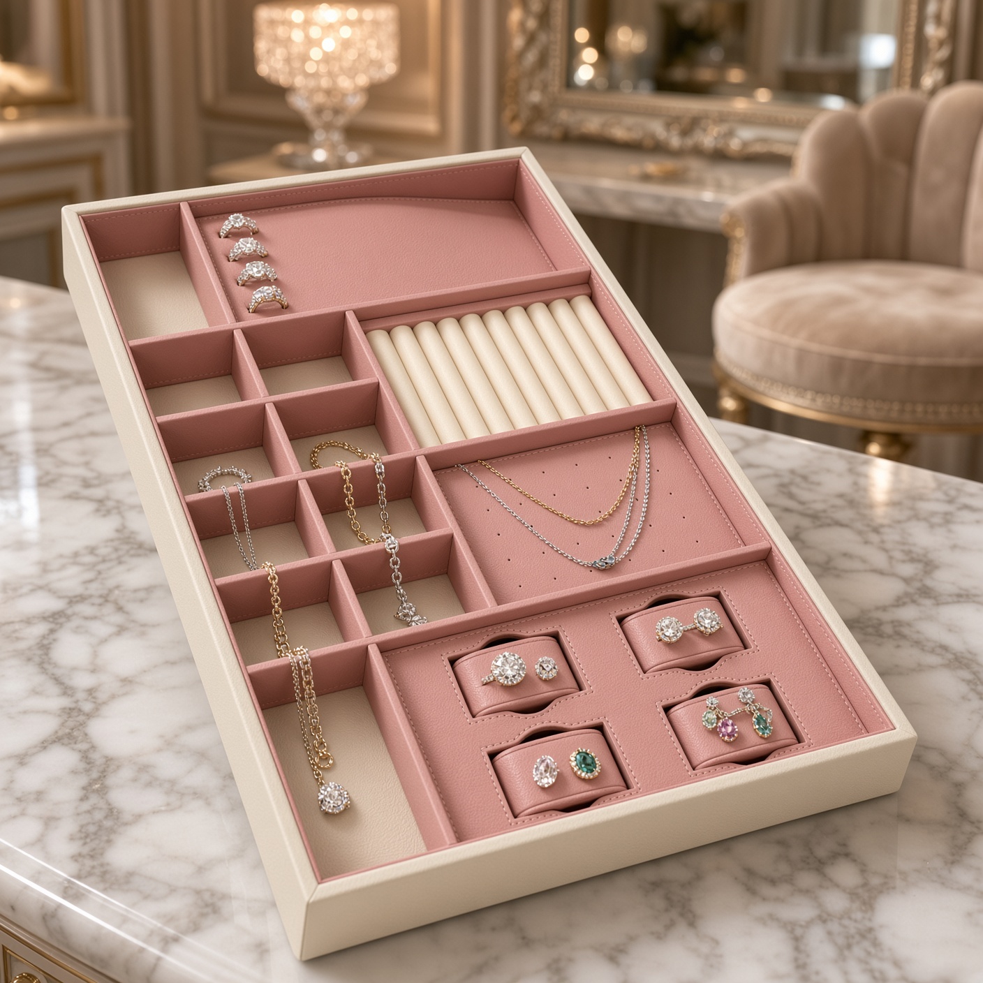 Blush Pink Leather Jewelry and Watch Drawer Organizer Insert