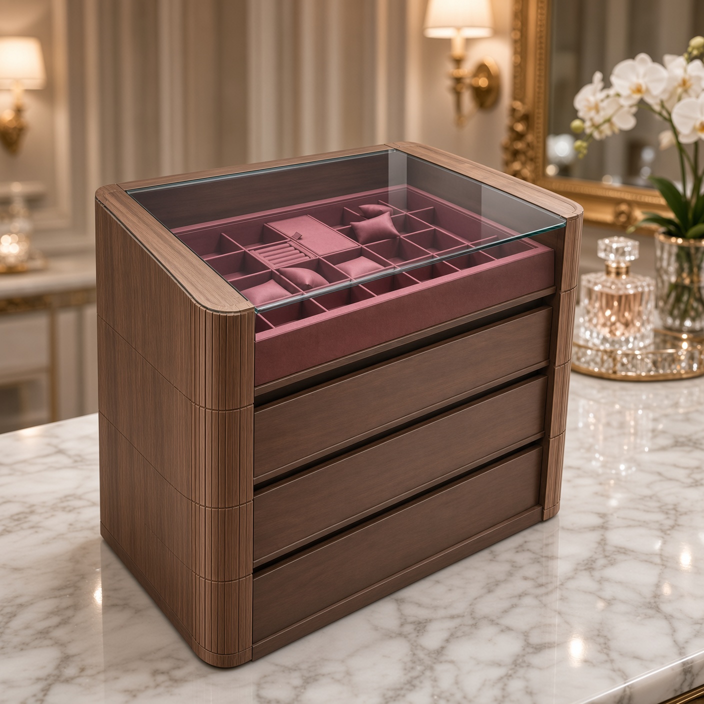 Executive Walnut Glass-Top Watch and Jewelry Display Cabinet
