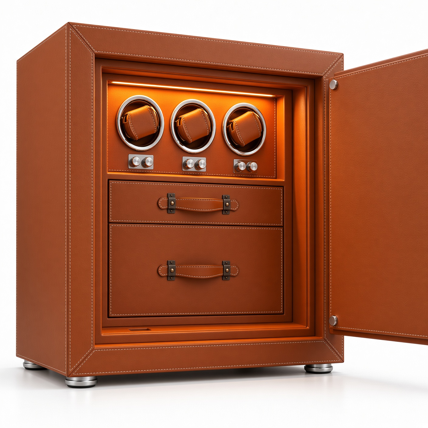 Executive Brown Leather 3-Watch Winder Safe with Storage Drawers