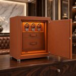 Executive Brown Leather 3-Watch Winder Safe with Storage Drawers