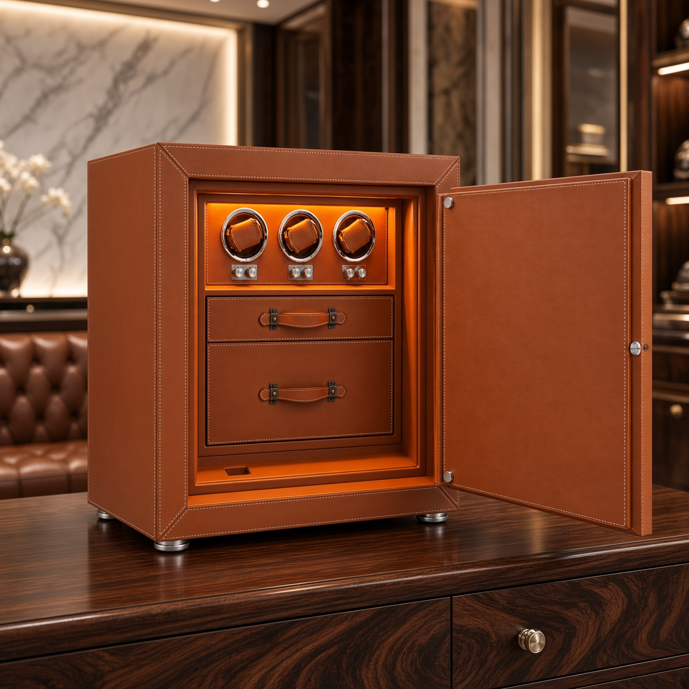 Executive Brown Leather 3-Watch Winder Safe with Storage Drawers