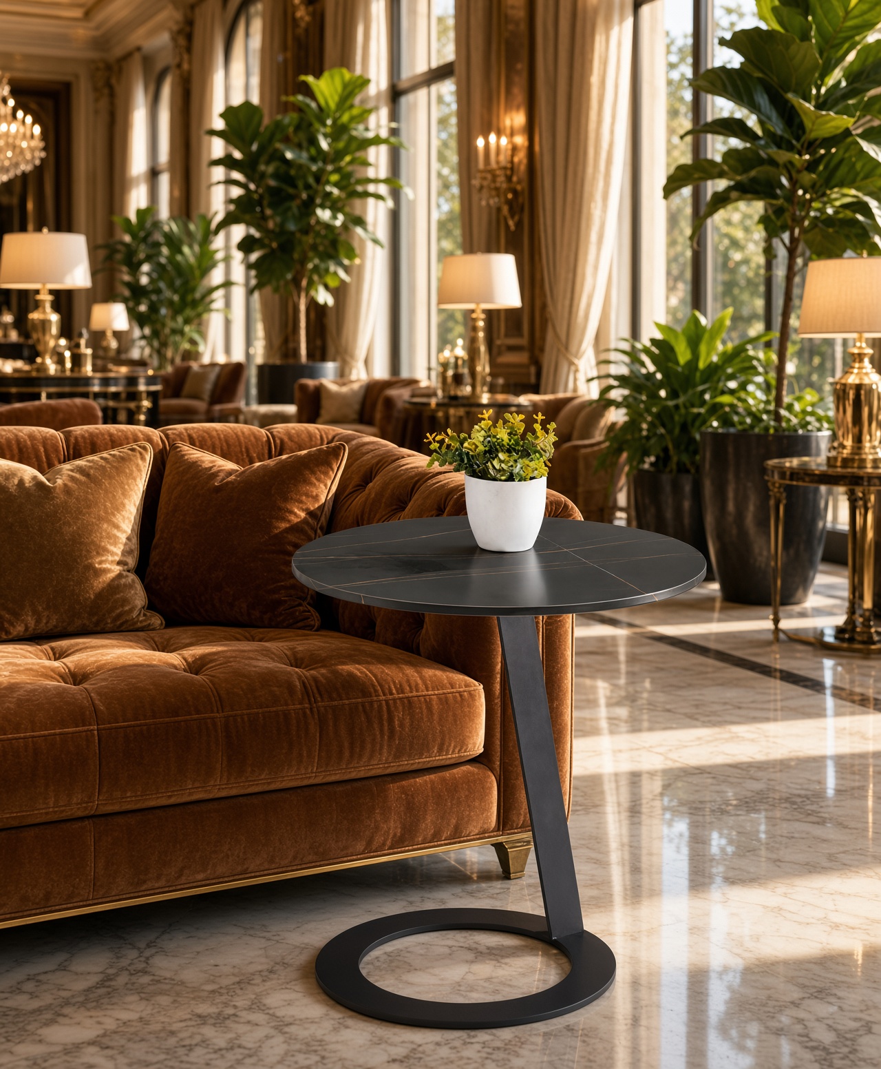 Modern Round Black Marble C-Shaped Side Table Cantilever Base