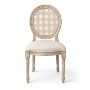Chestnut Resin Louis PopChair Beige Tweed FabricBack and Seat