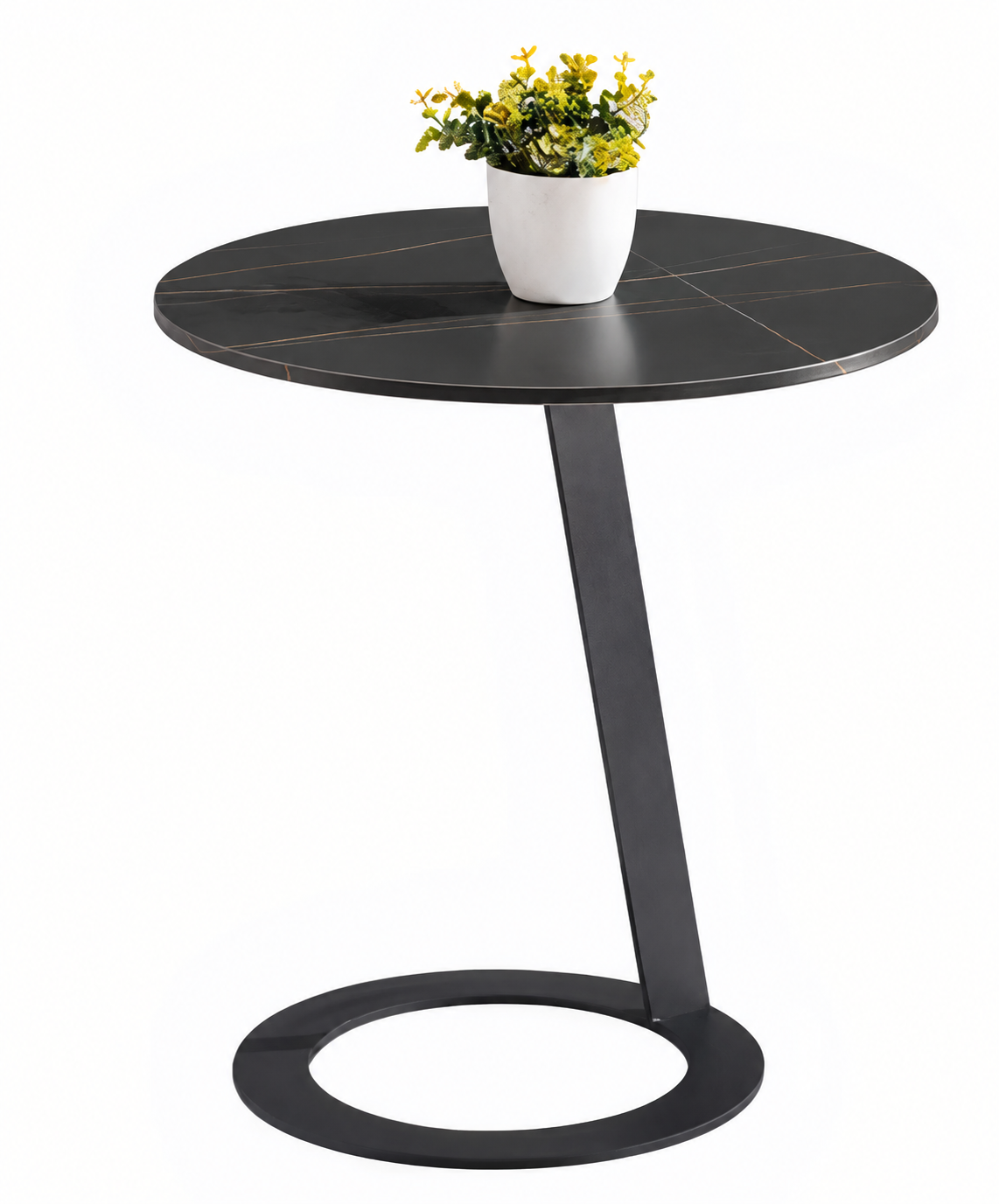 Modern Round Black Marble C-Shaped Side Table Cantilever Base