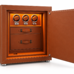 Executive Brown Leather 3-Watch Winder Safe with Storage Drawers
