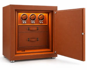Executive Brown Leather 3-Watch Winder Safe with Storage Drawers