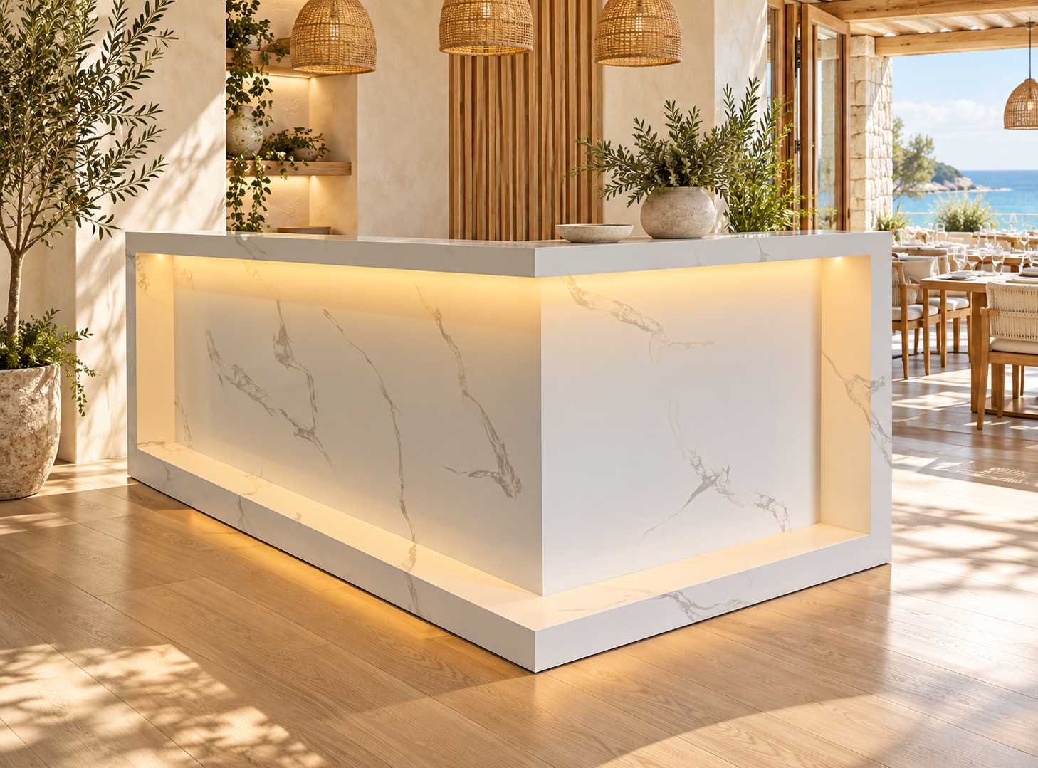 L-Shaped Reception & Cashier Counter Millwork with LED
