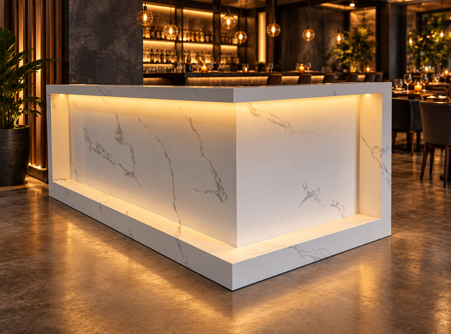 L-Shaped Reception & Cashier Counter Millwork with LED