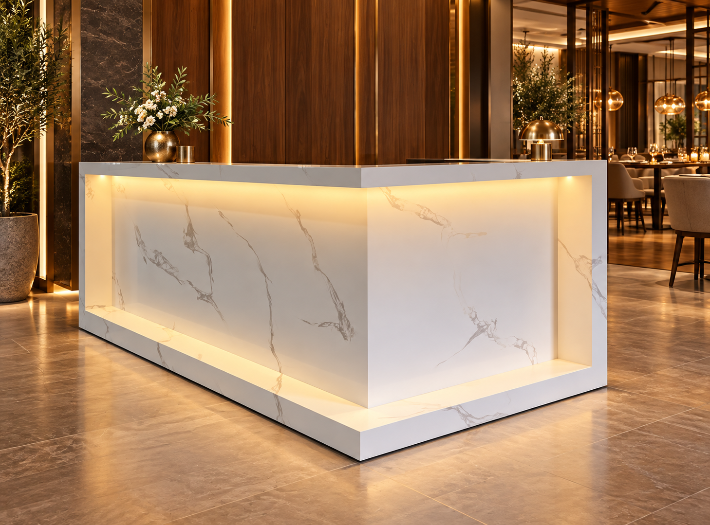 L-Shaped Reception & Cashier Counter Millwork with LED