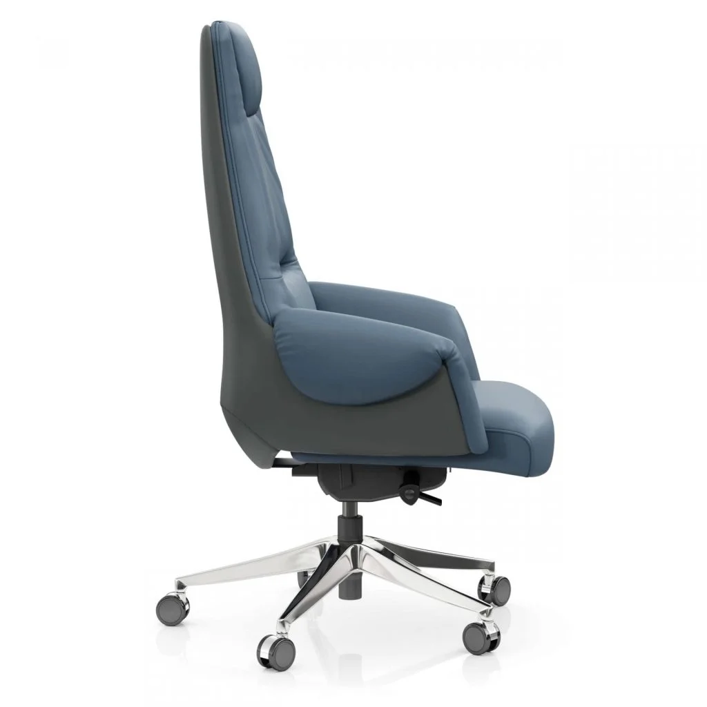 FOH-C1017b3 – Blue Office Swivel Chair Curled Armrest with Head Cushion
