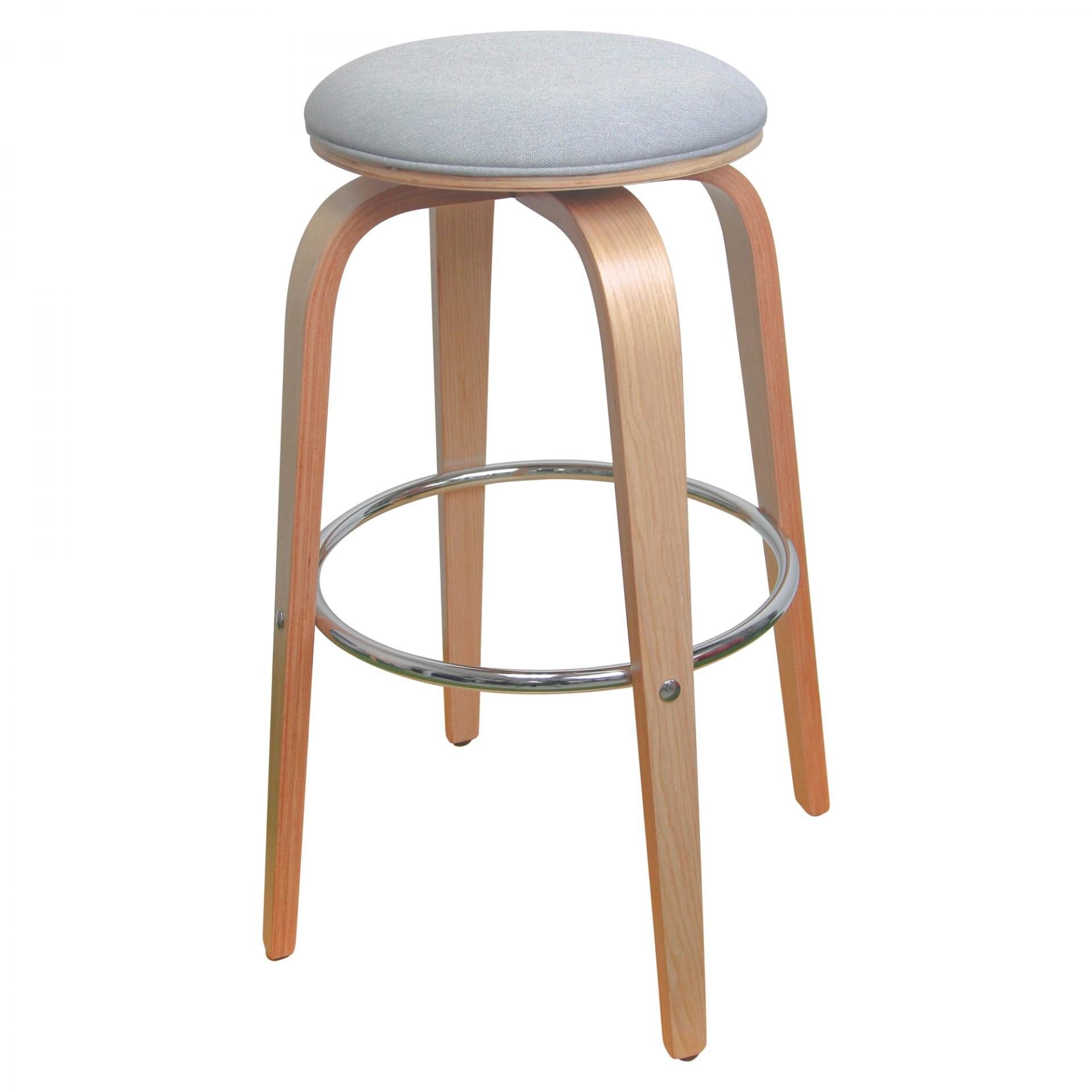 Backless Contemporary Wood Barstool with Padded Cushion and Metal Footrest Ring (Grey Linen)