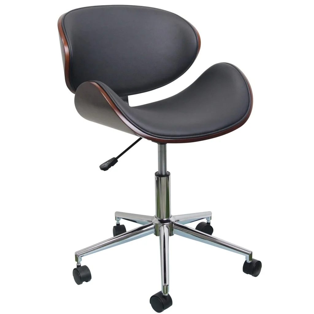 Walnut Bentwood Rolling Desk Chair with PU Leather Upholstery, Swivel and Height-Adjustable