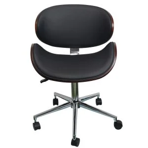 Walnut Bentwood Rolling Desk Chair with PU Leather Upholstery, Swivel and Height-Adjustable
